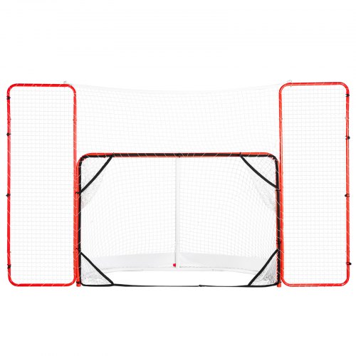 A 72-inch steel hockey goal with backstop, side nets, and targets for outdoor training.