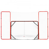 A 72-inch steel hockey goal with backstop, side nets, and targets for outdoor training.