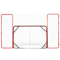 A 72-inch steel hockey goal with backstop, side nets, and targets for outdoor training.