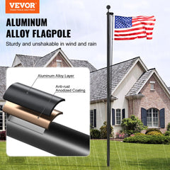Bostome 20ft black aluminum detachable flagpole kit with ropes and clips for versatile display.