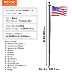 Black 20ft heavy duty aluminum flagpole kit with detachable sections and accessories.