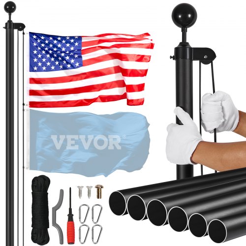 Black aluminum flagpole kit, 30 feet tall, with detachable sections and included accessories.