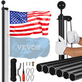 Black aluminum flagpole kit, 30 feet tall, with detachable sections and included accessories.