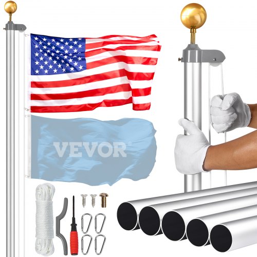 Silver 25FT heavy duty aluminum flagpole kit with detachable sections and included American flag.