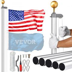 Silver 25FT heavy duty aluminum flagpole kit with detachable sections and included American flag.