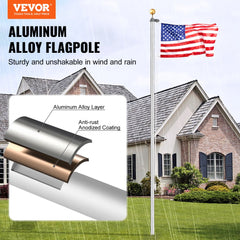 Silver 25FT heavy duty aluminum flagpole kit with detachable sections and included American flag.