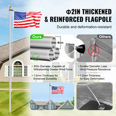 Silver 25FT heavy duty aluminum flagpole kit with detachable sections and included American flag.