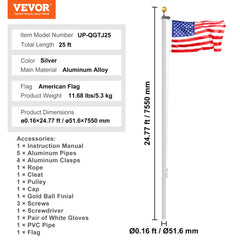 Silver 25FT heavy duty aluminum flagpole kit with detachable sections and accessories.
