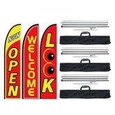 Bostome Open Business Feather Flag Kit with yellow OPEN, red Welcome, and Look flags, aluminum poles, and carry bags.