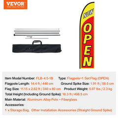 16.3ft aluminum alloy feather flag pole kit with open business flag, ground spike, and carry bag.