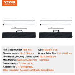 Two 16.3 ft feather flag pole kits with aluminum alloy poles, fiberglass options, ground stakes, and storage bags.
