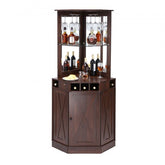 Black walnut MDF corner bar cabinet with adjustable shelves and slanted wine glass holder.