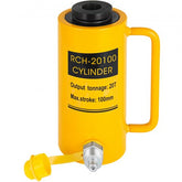 Yellow 20-ton hollow single-acting hydraulic cylinder with 100mm stroke and handle.