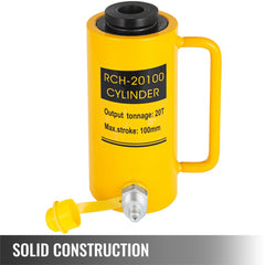 Yellow 20-ton hollow single-acting hydraulic cylinder with 4-inch stroke and carry handle.