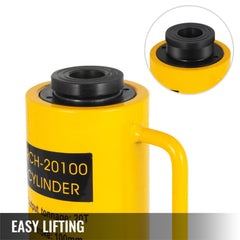 Yellow 20-ton hollow single-acting hydraulic cylinder with 4-inch stroke and carry handle.