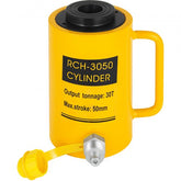 Yellow 30-ton hollow hydraulic ram cylinder with 50mm stroke and handle.