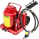 Red 50-ton air hydraulic bottle jack with heavy-duty steel construction, wheels, hose, and handle.