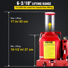 Red 50-ton air hydraulic bottle jack with 10.5-17 inch lifting range diagram.