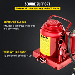 Red 50-ton air hydraulic bottle jack with serrated saddle, wide base, and handle.