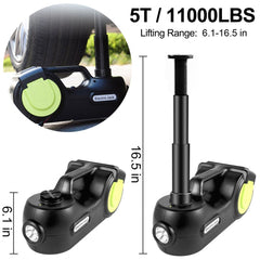 Electric car jack with hydraulic lift, impact wrench, and built-in inflator pump.