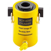Yellow 60-ton hollow single-acting hydraulic cylinder jack with 2-inch stroke and mounting rings.
