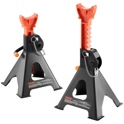 Red pair of Bostome 3 ton jack stands with adjustable height and double locking mechanism.