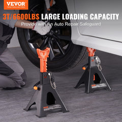 Red Bostome 3 ton jack stands with double locking mechanism and adjustable height from 10.8 to 16.3 inches.