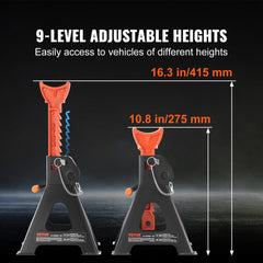 Red pair of Bostome 3 ton jack stands with adjustable height and double locking mechanism.