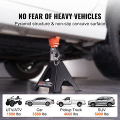 Red pair of Bostome 3 ton jack stands with adjustable height and double locking mechanism.