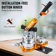 Orange 3-inch button maker machine kit with parts on a table.