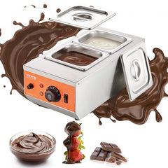 Stainless steel 2-tank chocolate tempering machine with open lids and chocolate splashes.