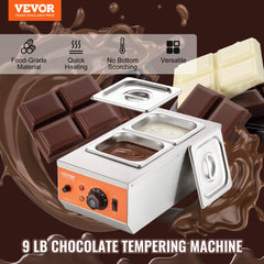 Stainless steel 2-tank chocolate tempering machine with control dial and 9 lb capacity.