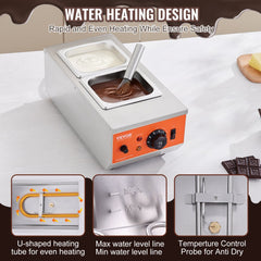 Stainless steel 2-tank chocolate tempering machine with 800W power and control dial.