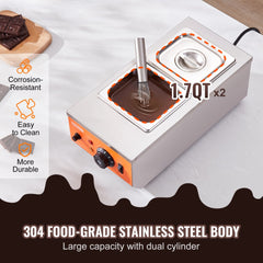 Stainless steel 2-tank chocolate tempering machine with 1.7 qt cylinders and control dial.