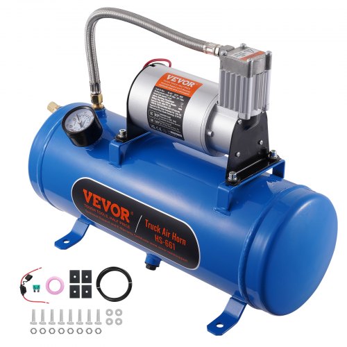Blue 1.6-gallon VEVOR 12V air compressor with 120 PSI tank, gauge, hoses, and fittings.