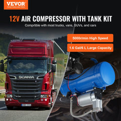 Red 12V air compressor with 1.6 gal blue tank kit next to a Scania truck.
