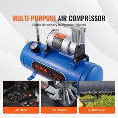 Blue 12V air compressor with 1.6 gal tank, 120 PSI gauge, and train horn attachments.