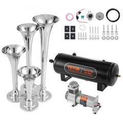 Bostome 150dB 4 trumpet train horn kit with silver trumpets, black air tank, compressor, and mounting hardware.