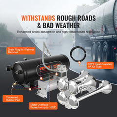 Black 150dB Bostome 4-trumpet train horn kit with air compressor, tank, and PA tube.