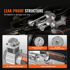 Bostome 150dB 4-trumpet train horn kit with compressor, tank, and pressure gauge.