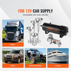Bostome 150dB 4 trumpet train horn kit with compressor, tank, and vehicle compatibility icons.