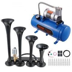 Bostome 150dB 4-trumpet train horn kit with 12V compressor and 1.6 gal tank.