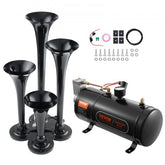 Four trumpet air horns in a kit designed for 12V trucks, featuring a heavy-duty construction.