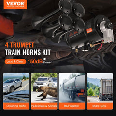 Four trumpet air horns in a kit designed for 12V trucks, featuring a heavy-duty construction.