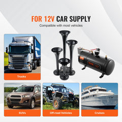 Four trumpet air horns in a kit designed for 12V trucks with a heavy-duty construction.