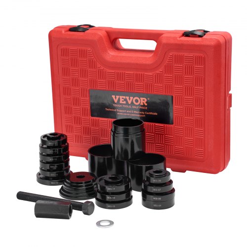 Red 23-piece VEVOR FWD wheel bearing press kit with black steel tools in case.