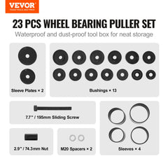 23-piece FWD wheel bearing press kit with steel tools, bushings, sleeves, and storage case.