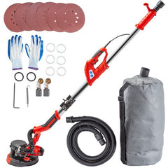 Red 850W foldable electric drywall sander with vacuum hose, dust bag, sanding discs, gloves, and accessories.