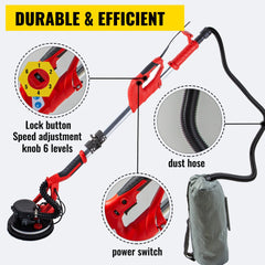 A red and black electric drywall sander with a dust hose and collection bag.
