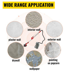 A drywall sander is shown with examples of interior, exterior, plaster, drywall, wallpaper, and popcorn walls.
